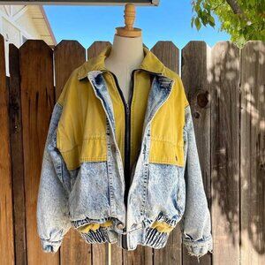 80s distressed denim jacket with yellow contrast paneling size L